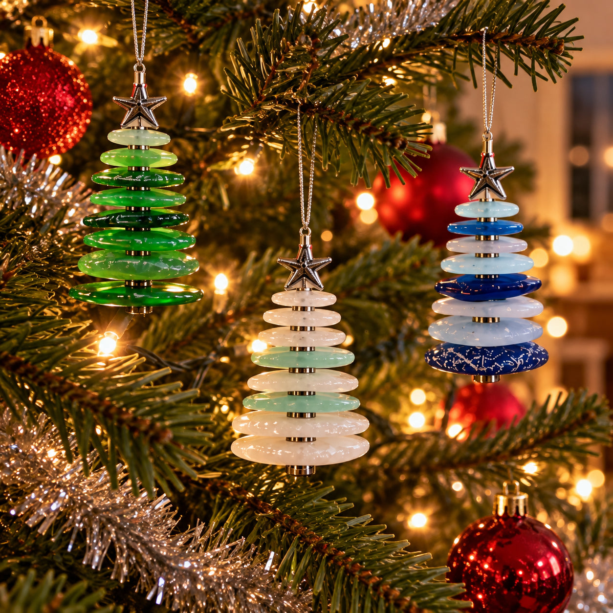Polished glass fir trees sparkling under Christmas lights