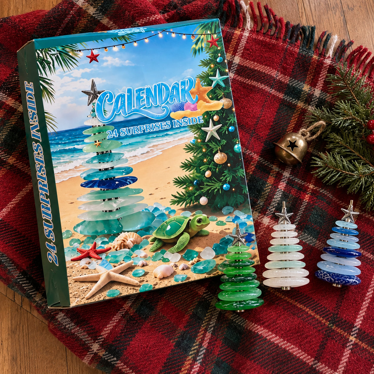 The Polished Glass Advent Calendar on a tartan blanket