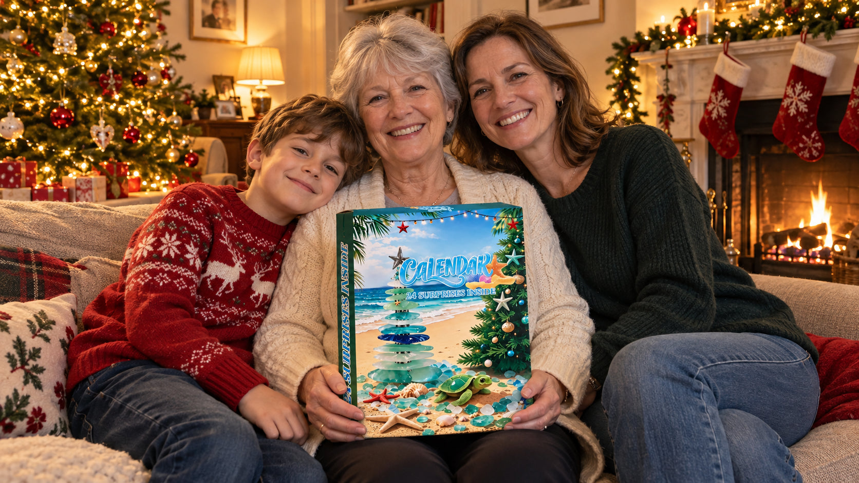 A family by the fireplace holding the Polished Glass Advent Calendar