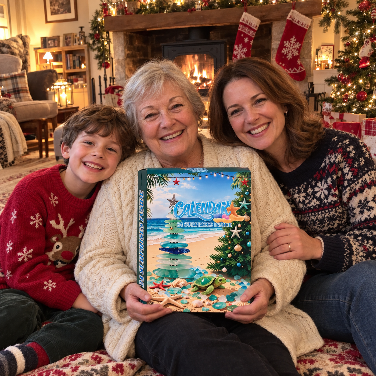 A family by the fire with the Polished Glass Advent Calendar