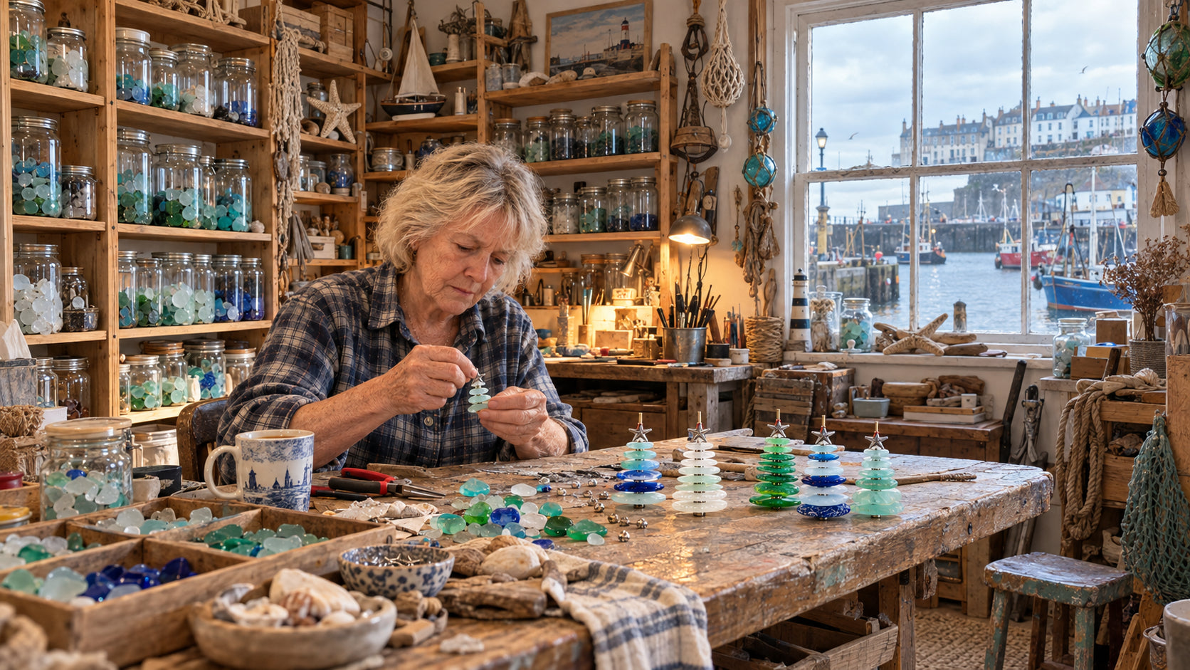 Margaret piecing together polished glass fir trees in her Brighton workshop