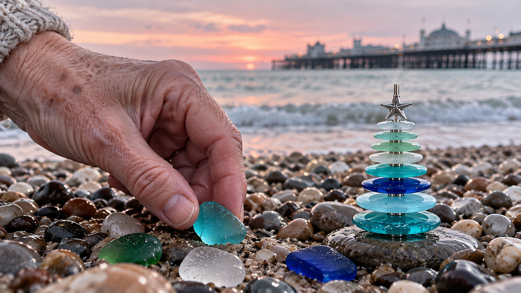 Sea glass gathered by hand on Brighton beach at dawn