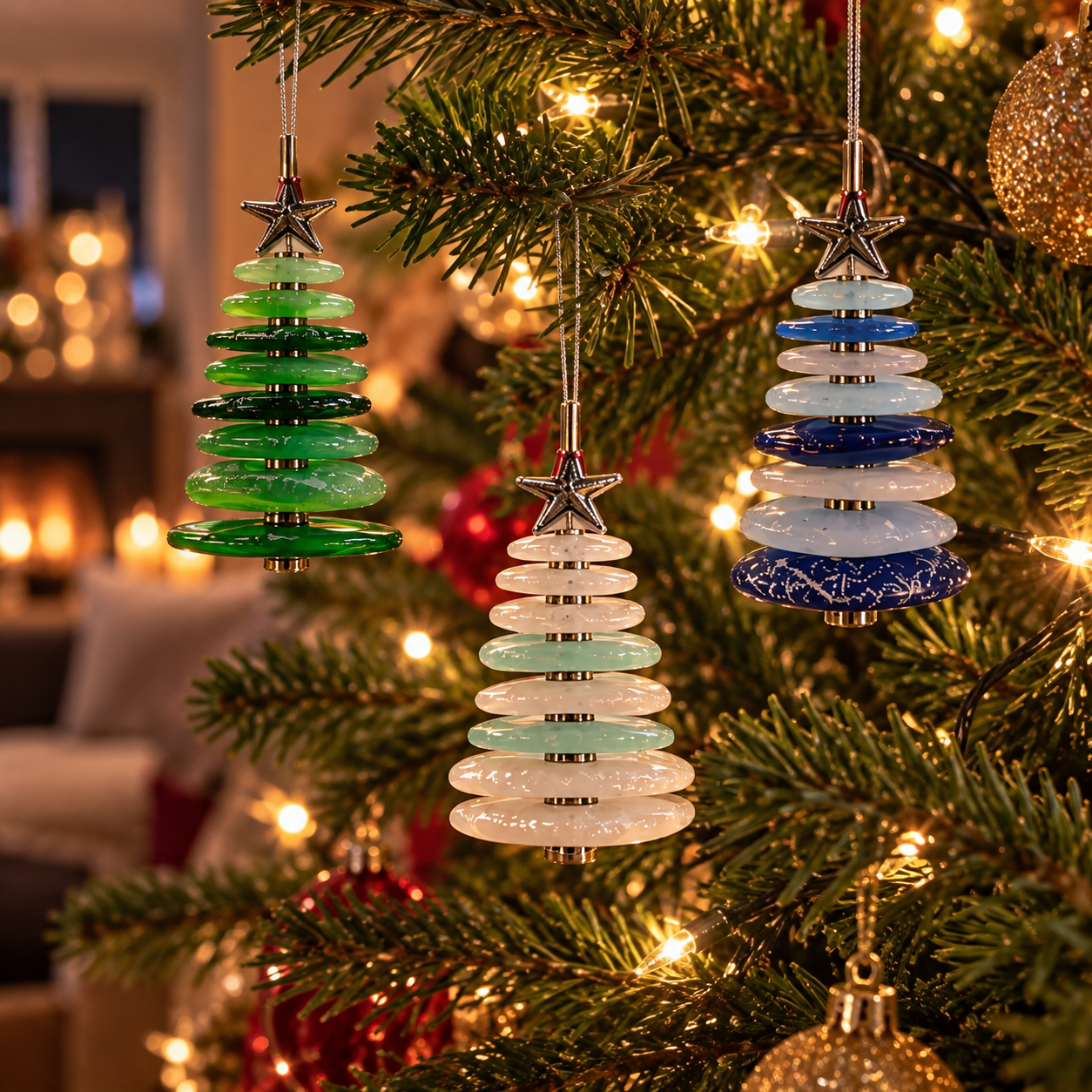Polished glass fir trees hanging on a Christmas tree