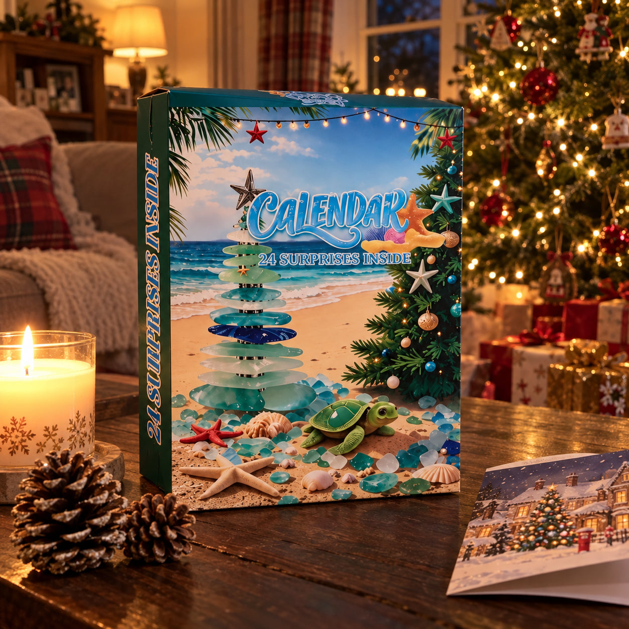 The Polished Glass Advent Calendar on a table by the Christmas tree